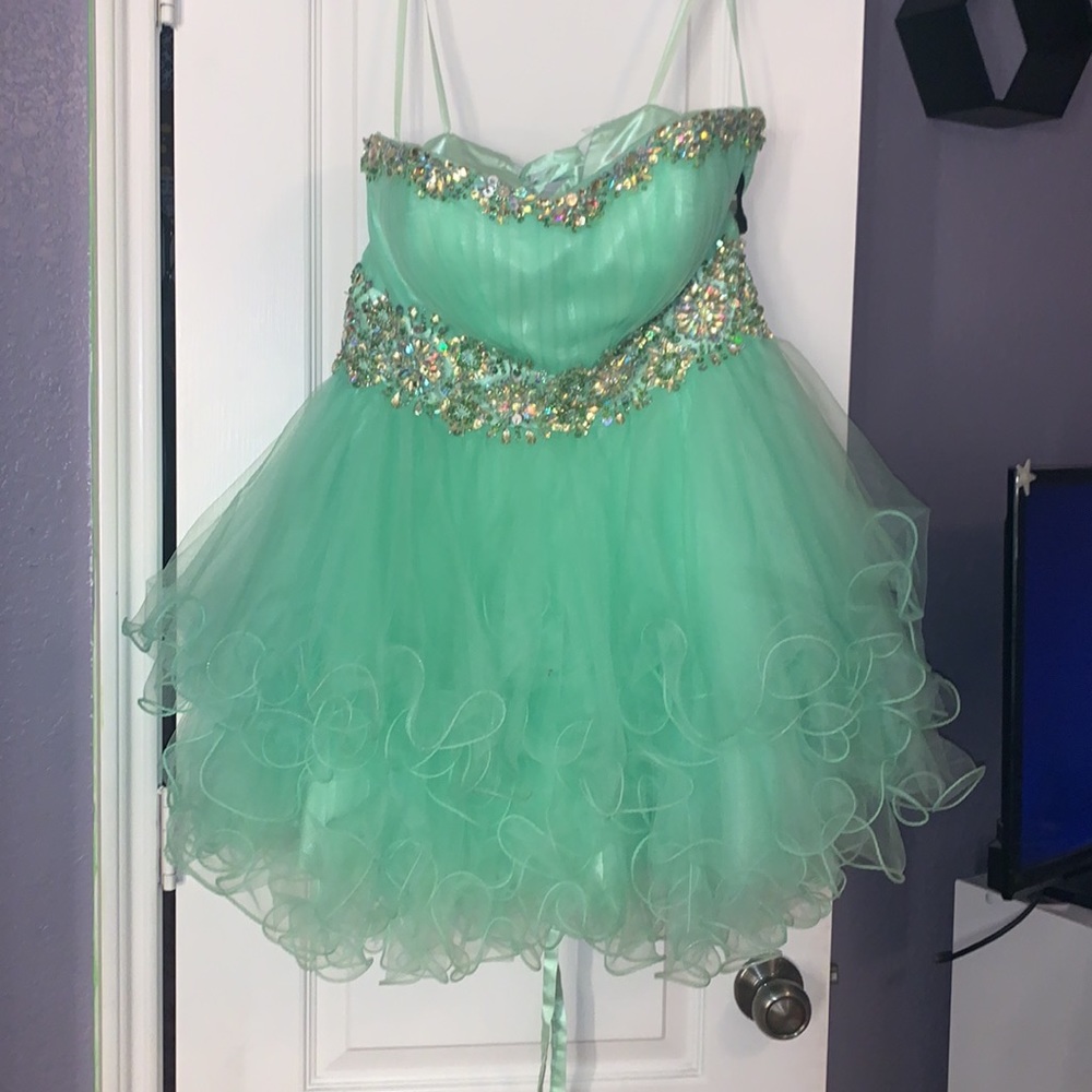 Strapless, fluffy sea foam green dress